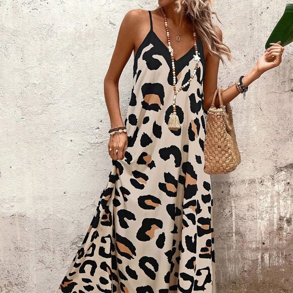 Multicolor Casual Women's Leopard Print Maxi Loose Cami Dress - Picture 1 of 7